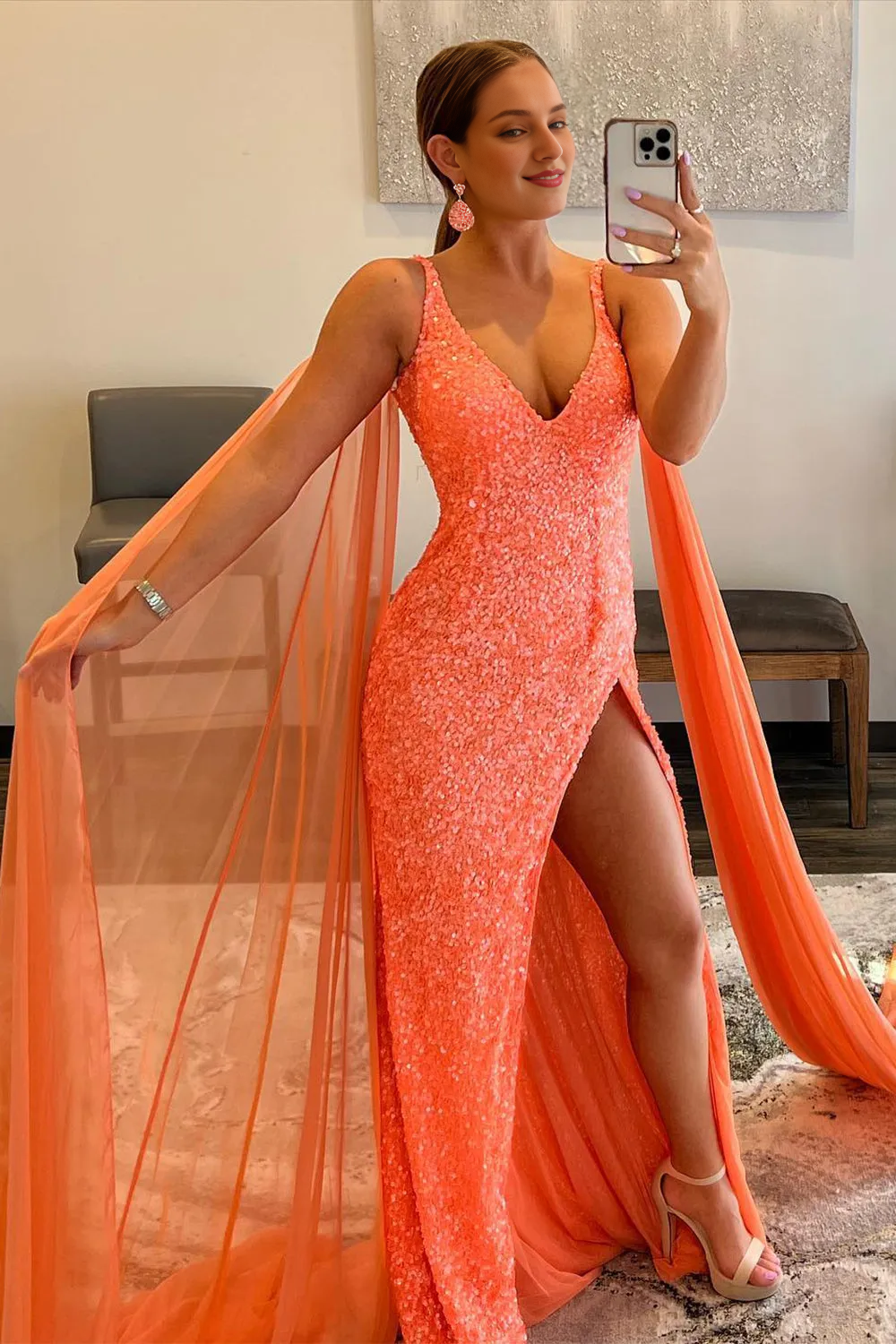 Deep V Neck Fairy Sleeve Floor Length Train Sequins Long Prom Dress