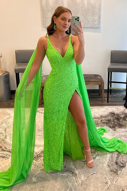 Deep V Neck Fairy Sleeve Floor Length Train Sequins Long Prom Dress