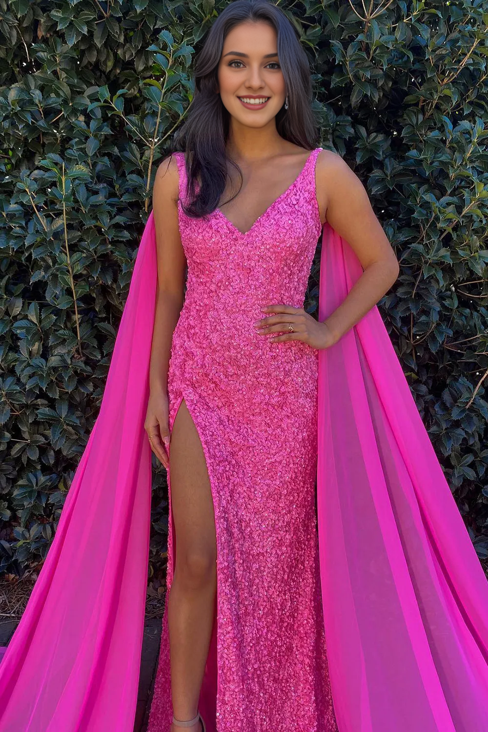 Deep V Neck Fairy Sleeve Floor Length Train Sequins Long Prom Dress