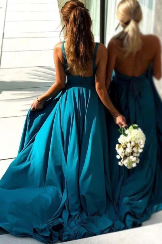Deep V Neck Floor Length Blue Long Chiffon Bridesmaid Dresses With Split