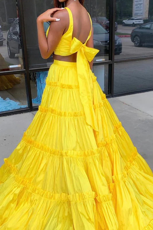 Deep V Neck Floor Length Yellow Two Piece Satin Long Prom Dresses
