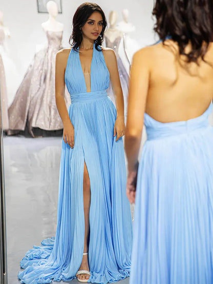 Deep V Neck Halter Open Back Light Blue Backless Prom Dress With Slit