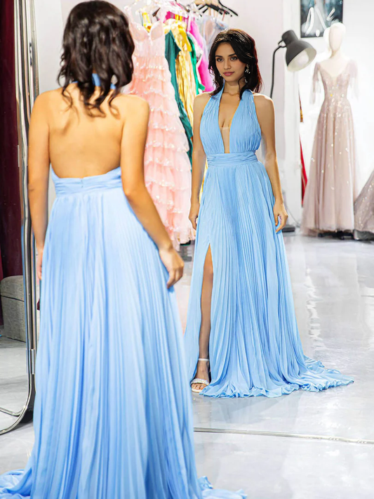 Deep V Neck Halter Open Back Light Blue Backless Prom Dress With Slit