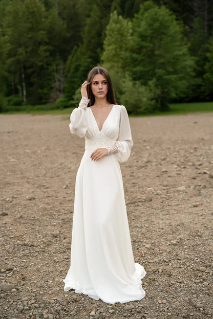 Deep V Neck Ivory Lace Wedding Dress Long-sleeve Button Back Long Train Gown Open Back Lace Chiffon Bride Dress