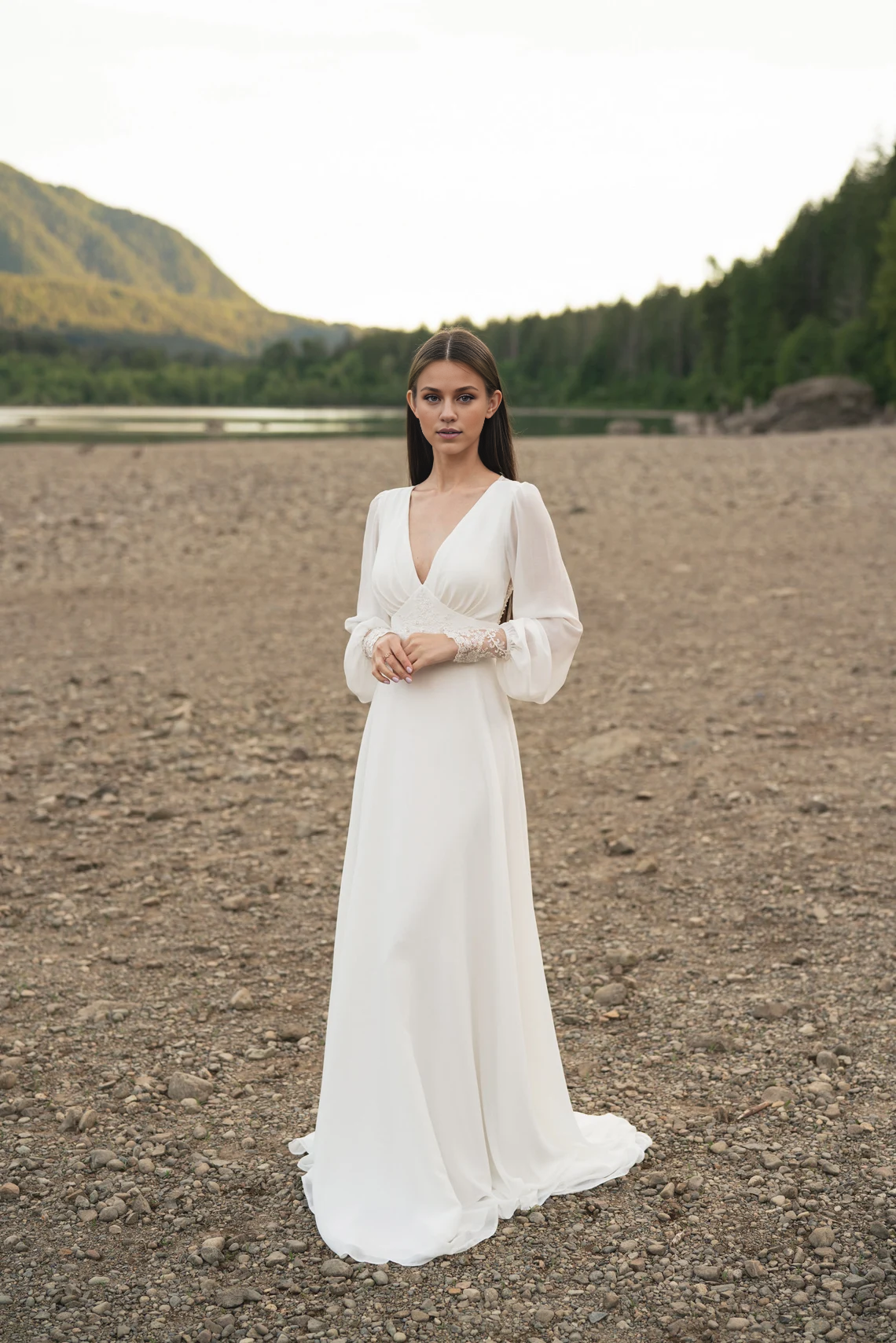 Deep V Neck Ivory Lace Wedding Dress Long-sleeve Button Back Long Train Gown Open Back Lace Chiffon Bride Dress