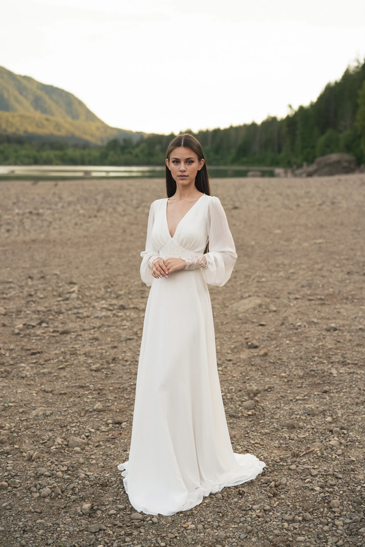 Deep V Neck Ivory Lace Wedding Dress Long-sleeve Button Back Long Train Gown Open Back Lace Chiffon Bride Dress