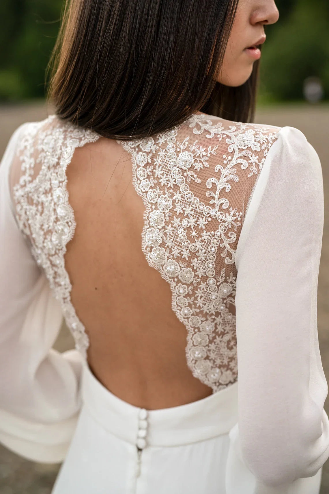 Deep V Neck Ivory Lace Wedding Dress Long-sleeve Button Back Long Train Gown Open Back Lace Chiffon Bride Dress