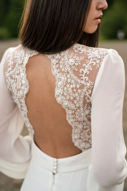 Deep V Neck Ivory Lace Wedding Dress Long-sleeve Button Back Long Train Gown Open Back Lace Chiffon Bride Dress