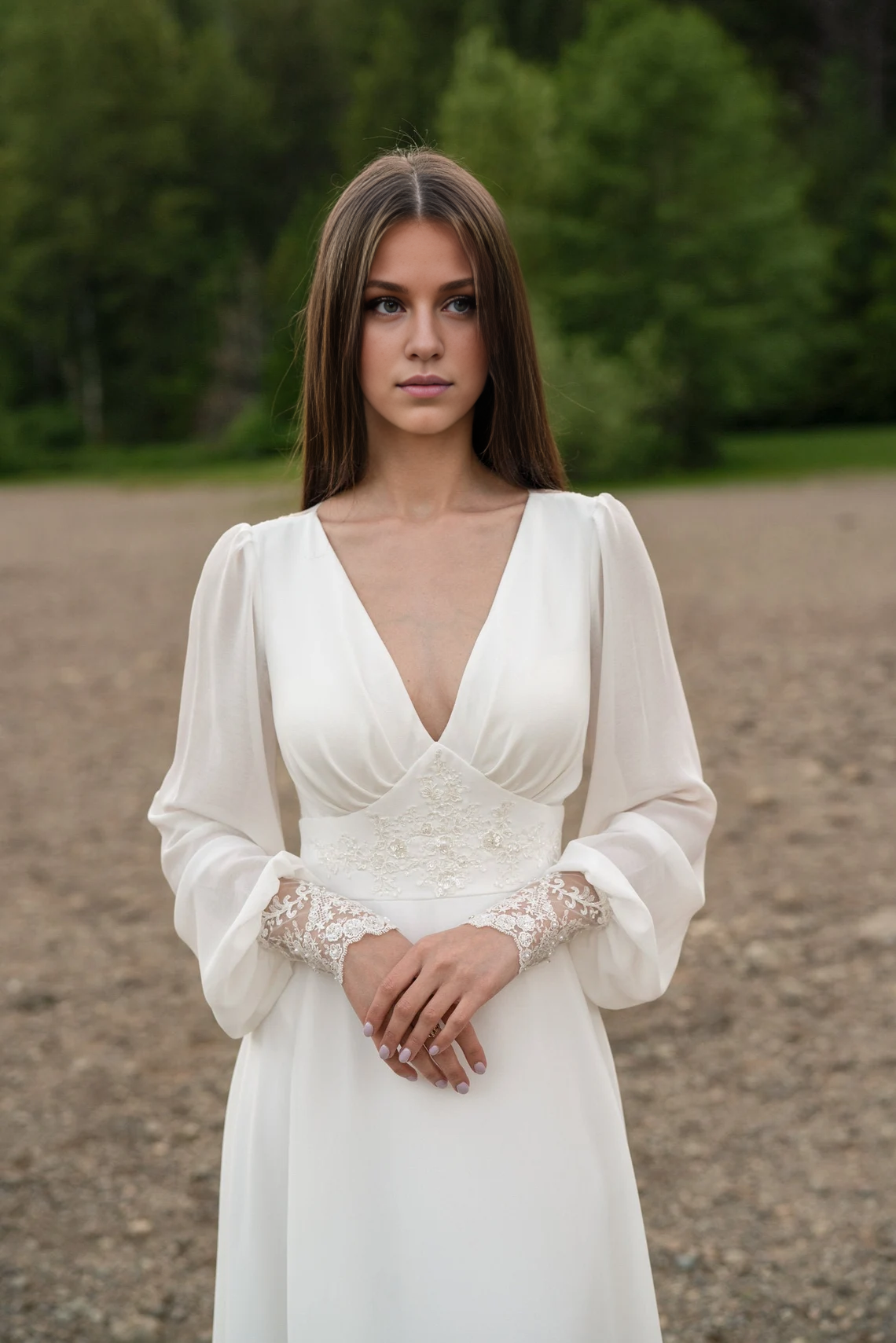 Deep V Neck Ivory Lace Wedding Dress Long-sleeve Button Back Long Train Gown Open Back Lace Chiffon Bride Dress