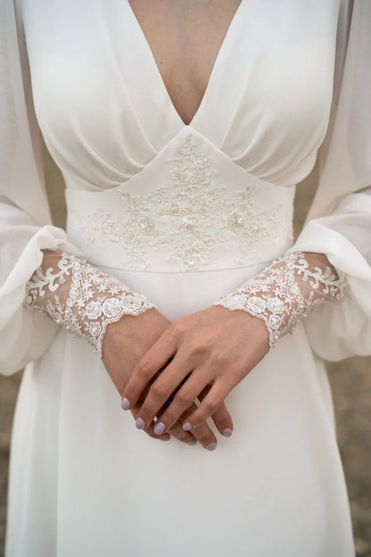 Deep V Neck Ivory Lace Wedding Dress Long-sleeve Button Back Long Train Gown Open Back Lace Chiffon Bride Dress