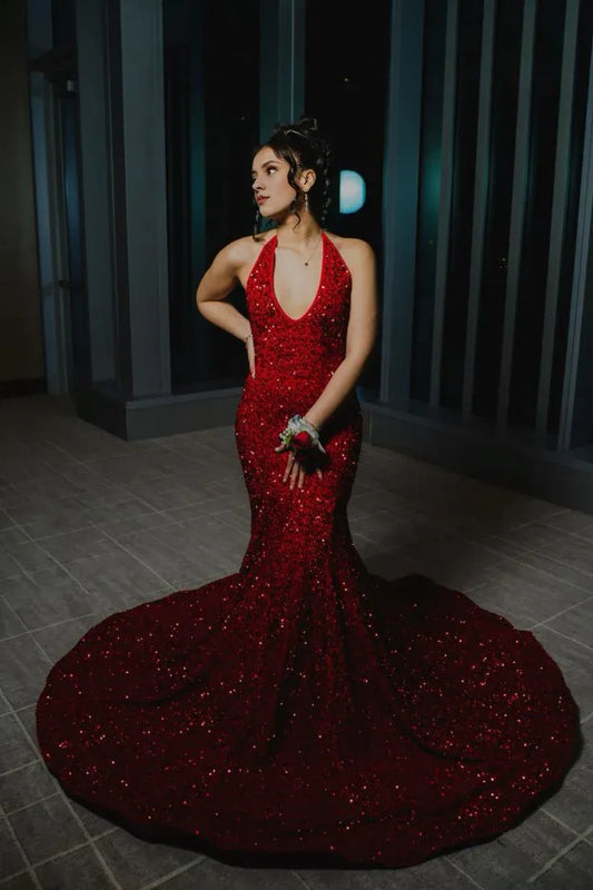 Deep V Neck Lace Up Red Sequin Prom Evening Dress Open Back With Train ﻿