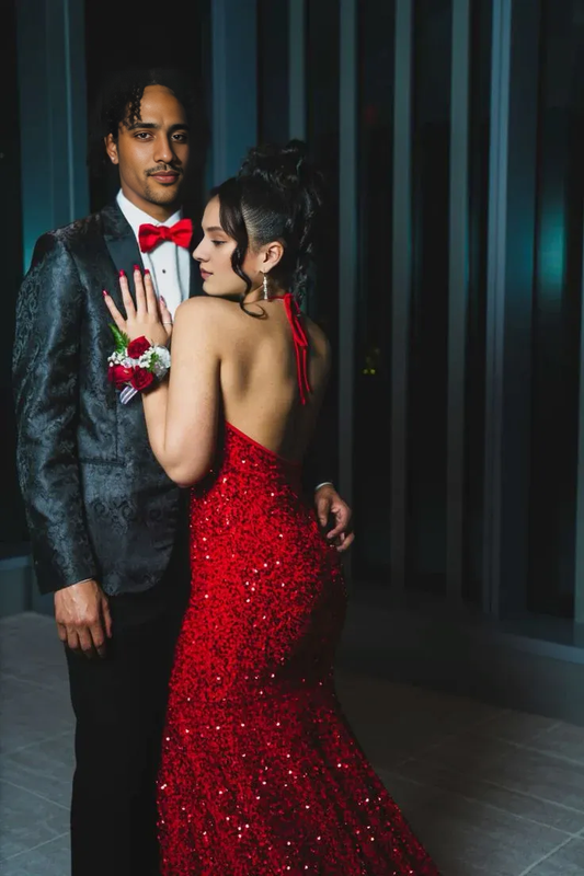 Deep V Neck Lace Up Red Sequin Prom Evening Dress Open Back With Train ﻿