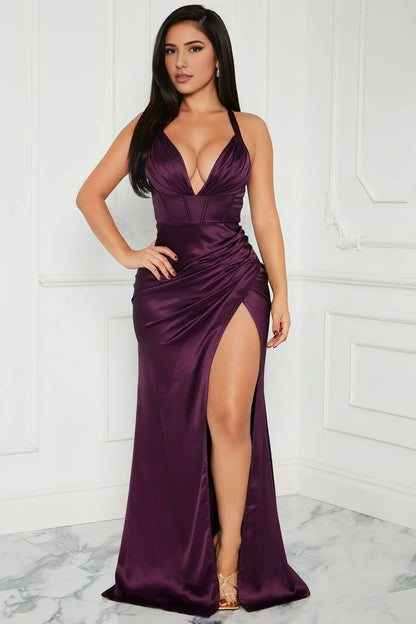 Deep V Neck Mermaid Halter Satin Maxi Dress Purple Sleeveless Prom Dress With Slit