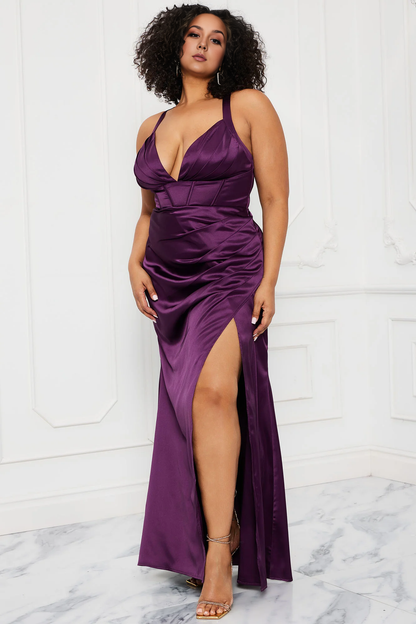 Deep V Neck Mermaid Halter Satin Maxi Dress Purple Sleeveless Prom Dress With Slit