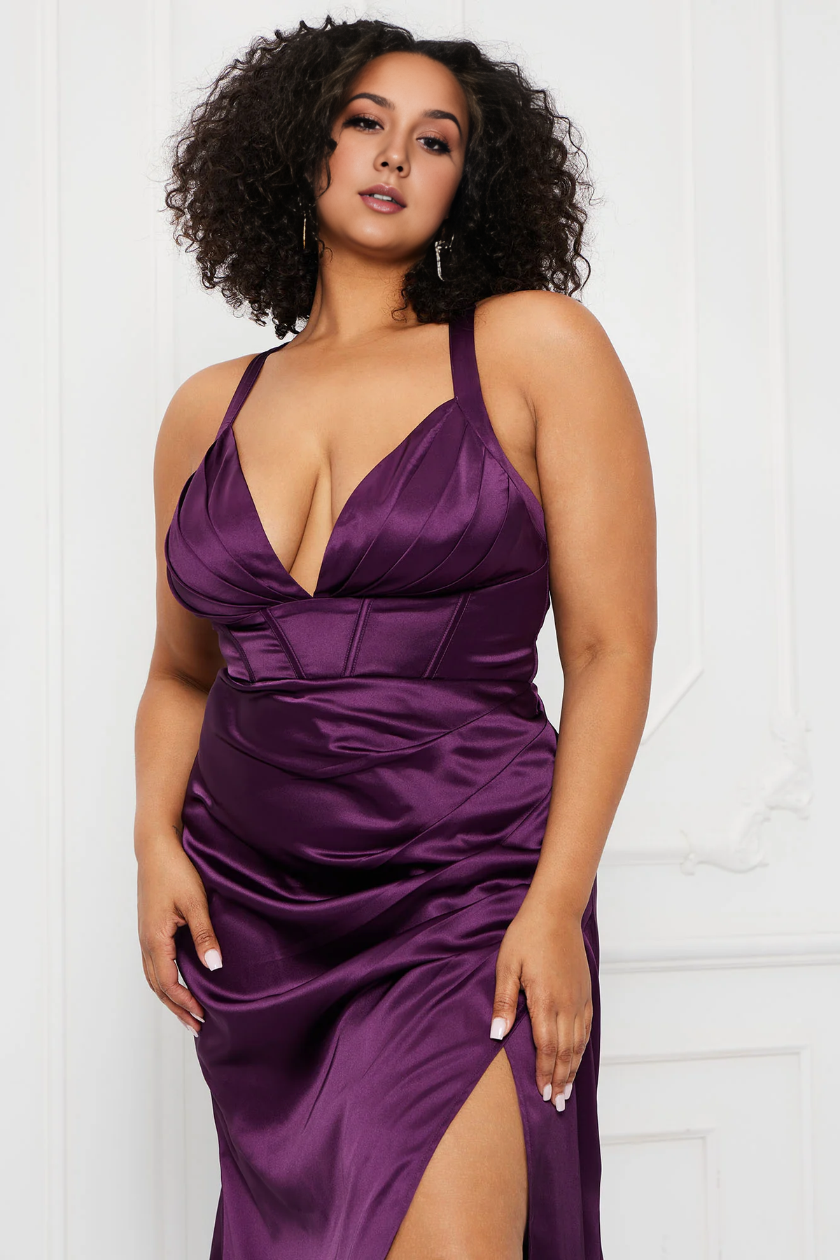 Deep V Neck Mermaid Halter Satin Maxi Dress Purple Sleeveless Prom Dress With Slit