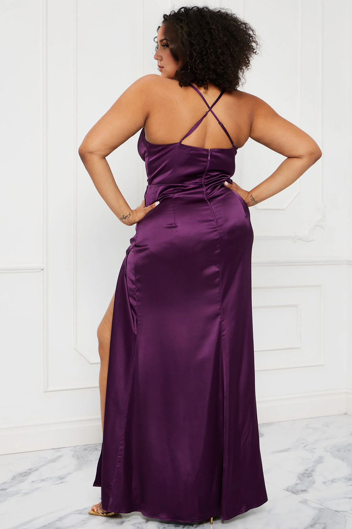 Deep V Neck Mermaid Halter Satin Maxi Dress Purple Sleeveless Prom Dress With Slit