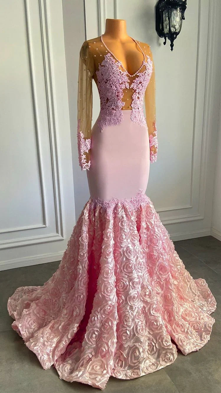 Deep V Neck Mermaid Tulle Long Sleeves Lace Prom Party Dresses With Applique