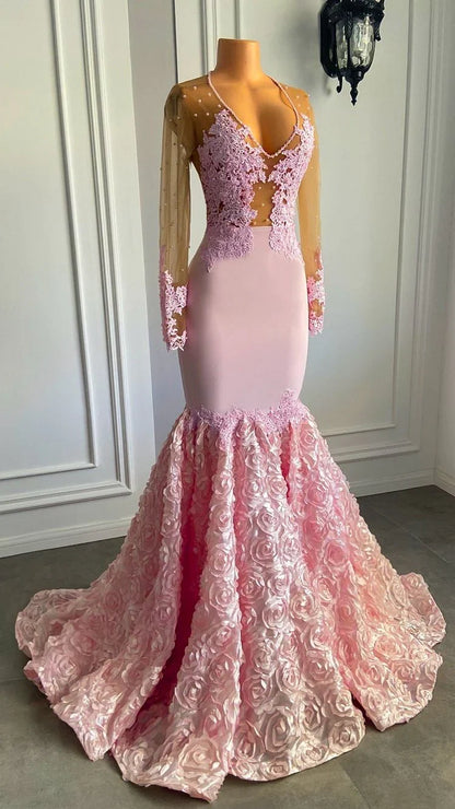 Deep V Neck Mermaid Tulle Long Sleeves Lace Prom Party Dresses With Applique