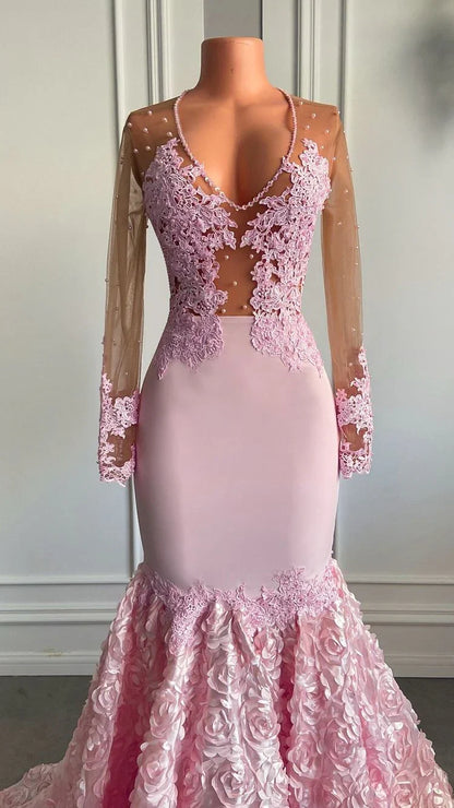 Deep V Neck Mermaid Tulle Long Sleeves Lace Prom Party Dresses With Applique