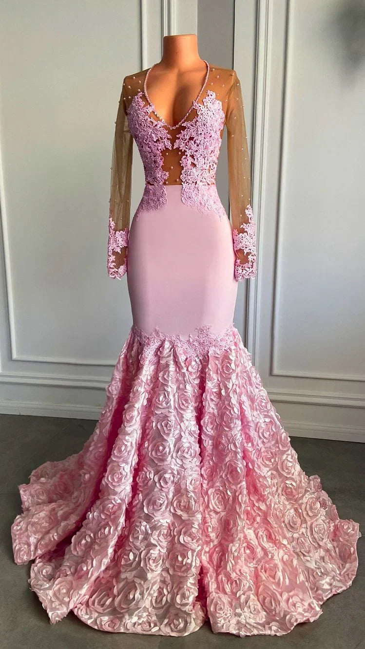 Deep V Neck Mermaid Tulle Long Sleeves Lace Prom Party Dresses With Applique