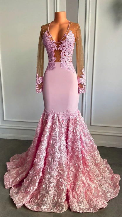 Deep V Neck Mermaid Tulle Long Sleeves Lace Prom Party Dresses With Applique
