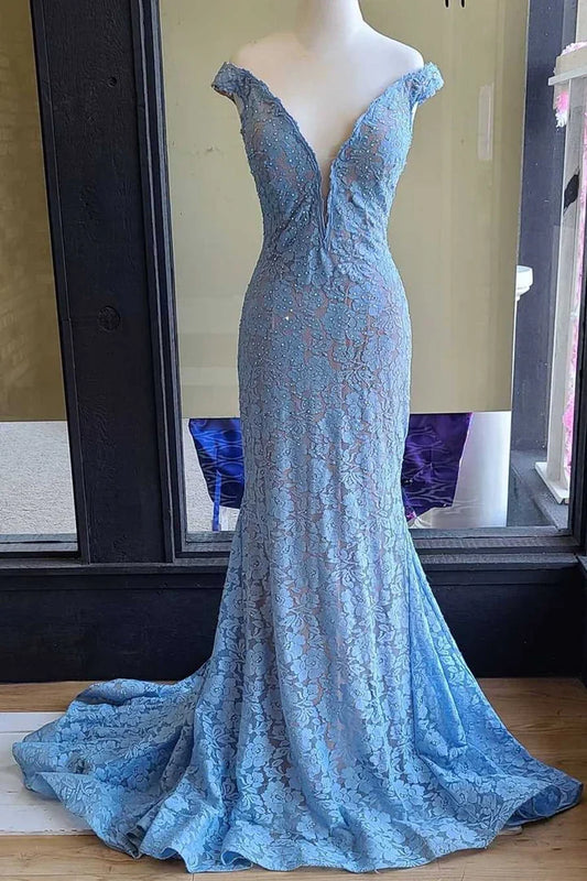 Deep V Neck Off the Shoulder Light Blue Lace Long Prom Dress