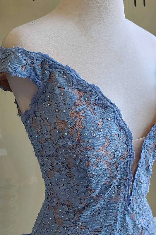 Deep V Neck Off the Shoulder Light Blue Lace Long Prom Dress