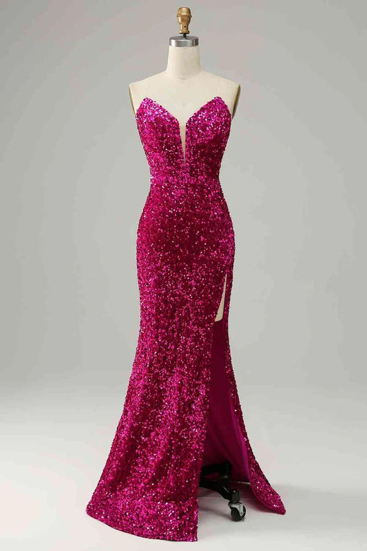 Deep V Neck Sequins Magenta Prom Evening Dresses Off-the-Shoulder Strapless with Slit