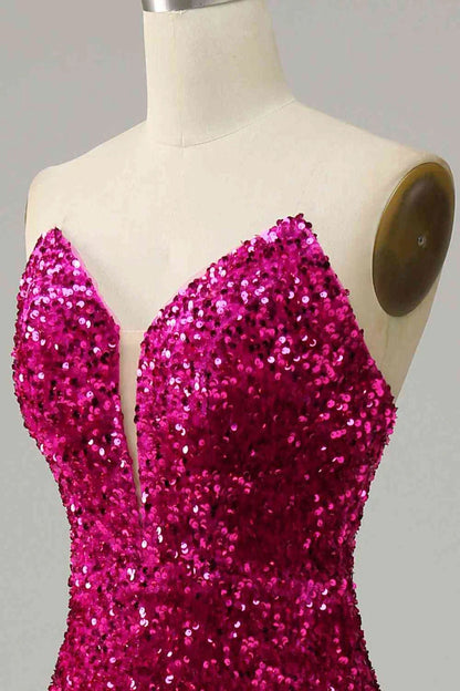 Deep V Neck Sequins Magenta Prom Evening Dresses Off-the-Shoulder Strapless with Slit