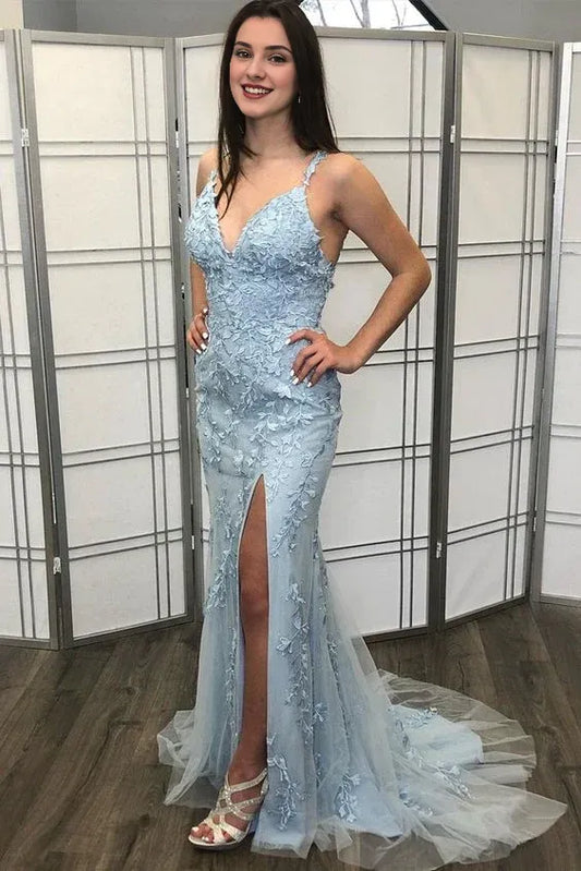 Deep V Neck Spaghetti Straps Mermaid Light Blue Lace Graduation Evening Dress With Slit