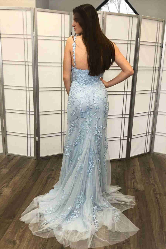 Deep V Neck Spaghetti Straps Mermaid Light Blue Lace Graduation Evening Dress With Slit