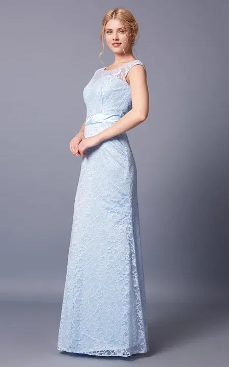 Dress/Demure Cap Sleeve Bateau Neck Long Lace Dress With Sash Deep-V Back Prom Dress/Dress For Formal