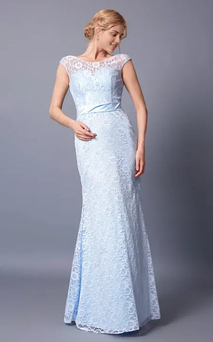 Dress/Demure Cap Sleeve Bateau Neck Long Lace Dress With Sash Deep-V Back Prom Dress/Dress For Formal