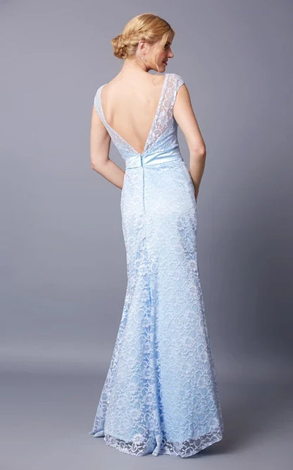Dress/Demure Cap Sleeve Bateau Neck Long Lace Dress With Sash Deep-V Back Prom Dress/Dress For Formal