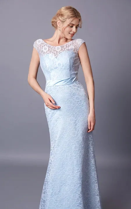 Dress/Demure Cap Sleeve Bateau Neck Long Lace Dress With Sash Deep-V Back Prom Dress/Dress For Formal