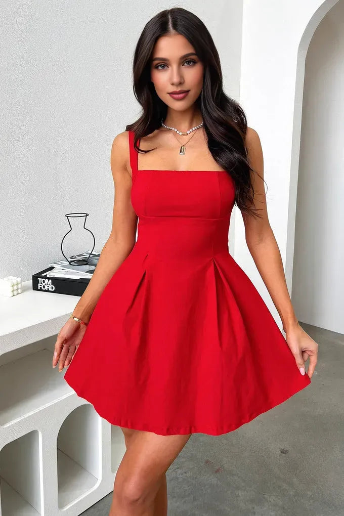 Discount A-Line Square Neck Sleeveless Pleated Satin Short-Mini Homecoming Dress