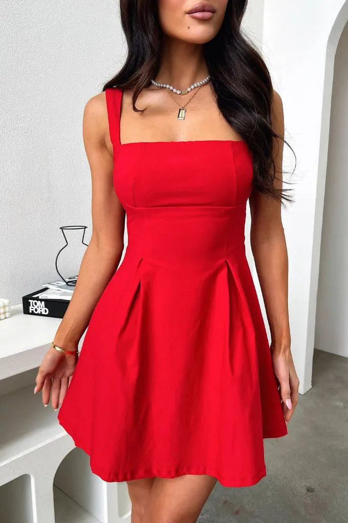 Discount A-Line Square Neck Sleeveless Pleated Satin Short-Mini Homecoming Dress