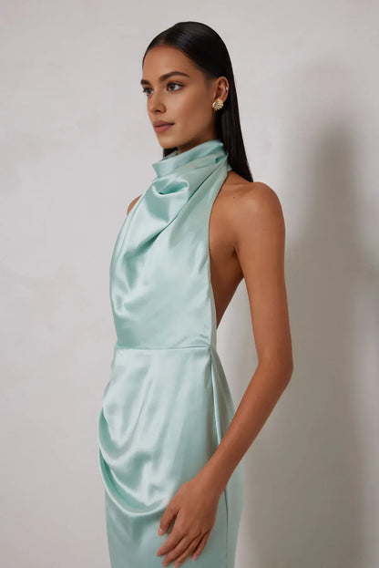Discount Fitted High Neck Sleeveless Satin Ankle-Length Prom Dress
