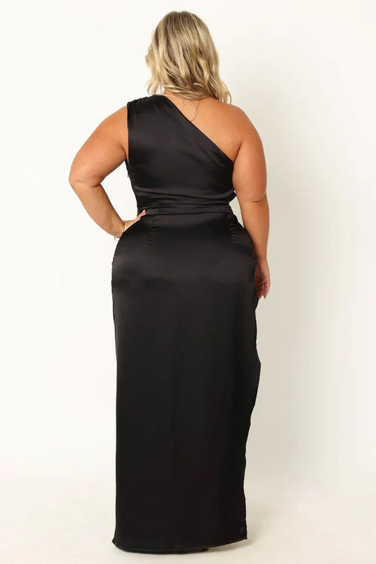 Discount Fitted One Shoulder Sleeveless Satin Ankle-Length Plus Size Prom Dress