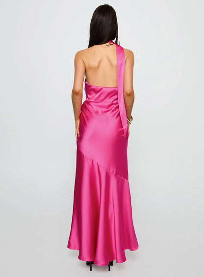Discount Fitted Scarf Neck Sleeveless Satin Floor-Length Prom Dress