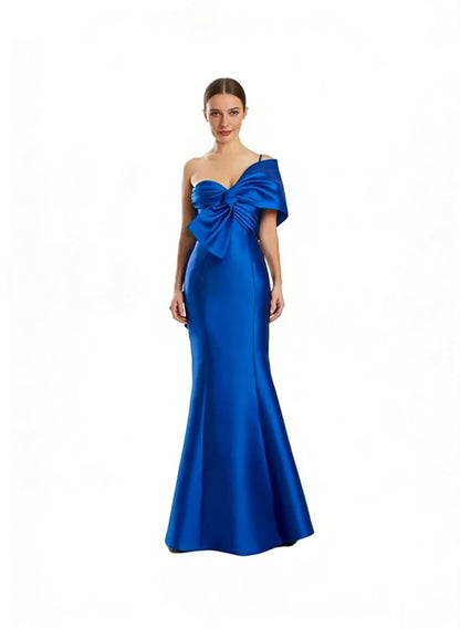 Discount One-Shoulder Sleeveless Mermaid Bow Satin Long Prom Dress