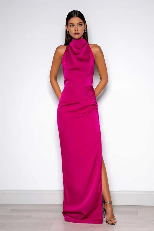 Discount Sheath/Column High Neck Sleeveless Satin Floor-Length Prom Dress