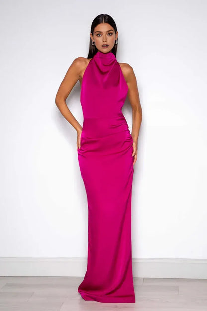 Discount Sheath/Column High Neck Sleeveless Satin Floor-Length Prom Dress