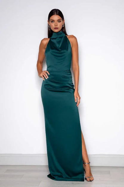 Discount Sheath/Column High Neck Sleeveless Satin Floor-Length Prom Dress