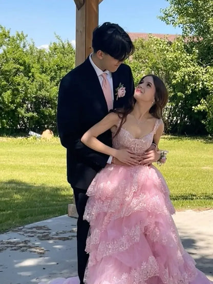 Dreamy A-Line Off Shoulder Sweetheart Corset High Slit Tiered Lace Prom Gown