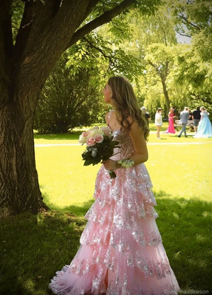 Dreamy A-Line Off Shoulder Sweetheart Corset High Slit Tiered Lace Prom Gown