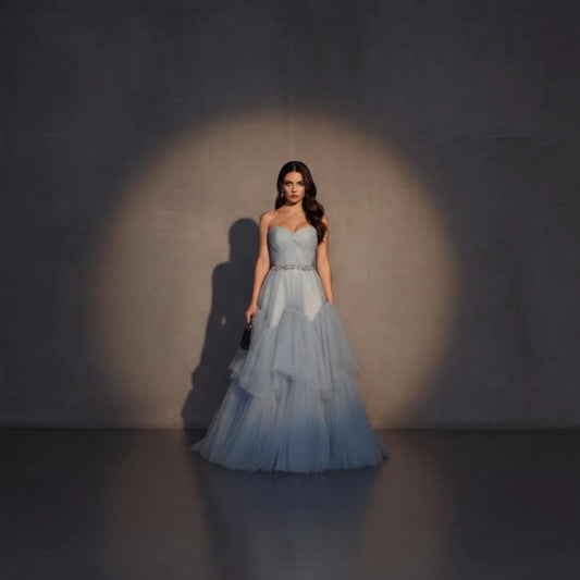 Dreamy A-Line Strapless Sweetheart Tiered Tulle Dusty Blue Long Prom Dress With Beaded