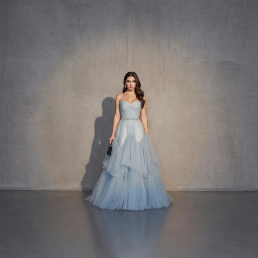 Dreamy A-Line Strapless Sweetheart Tiered Tulle Dusty Blue Long Prom Dress With Beaded