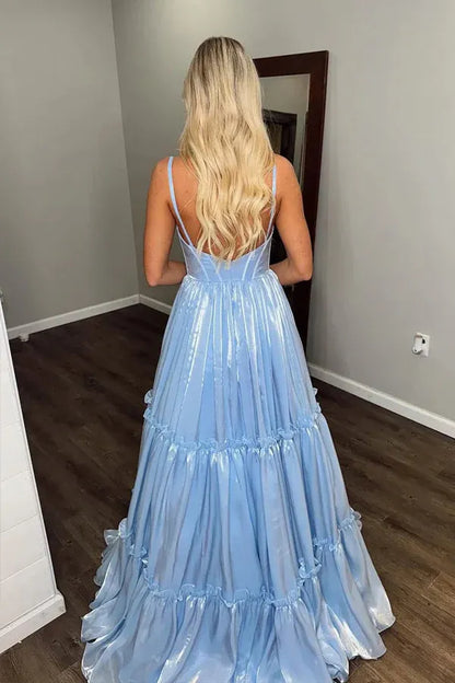 Dreamy Spaghetti Strap Ruffle Tiered Shiny Satin Maxi Prom Dress