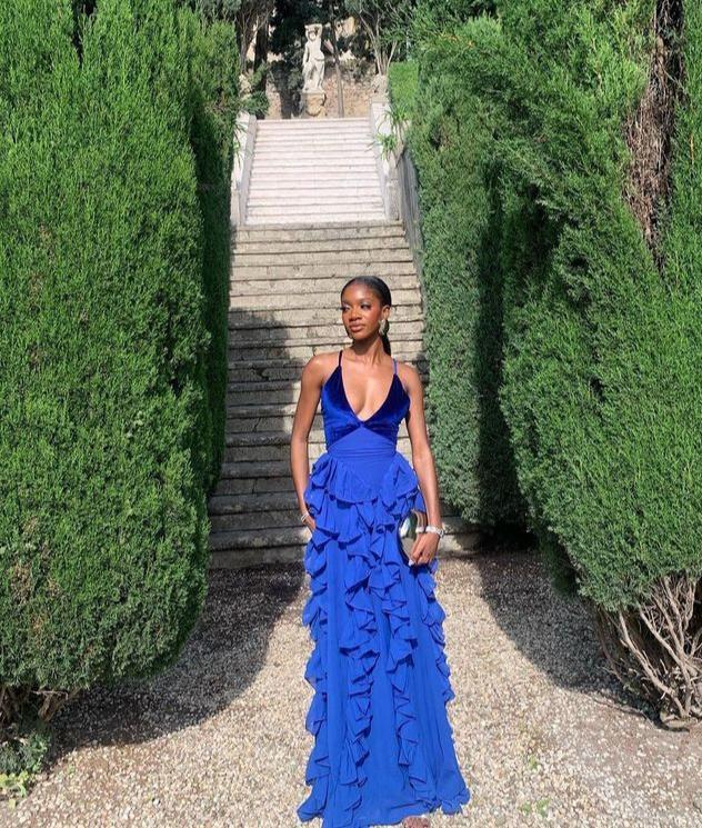 Dress For Formal Blue V-neck Low-cut Hem Ruffled Slim Long Chiffon Ball Gown Evening Dress Party Dress Stores With Prom Dresses